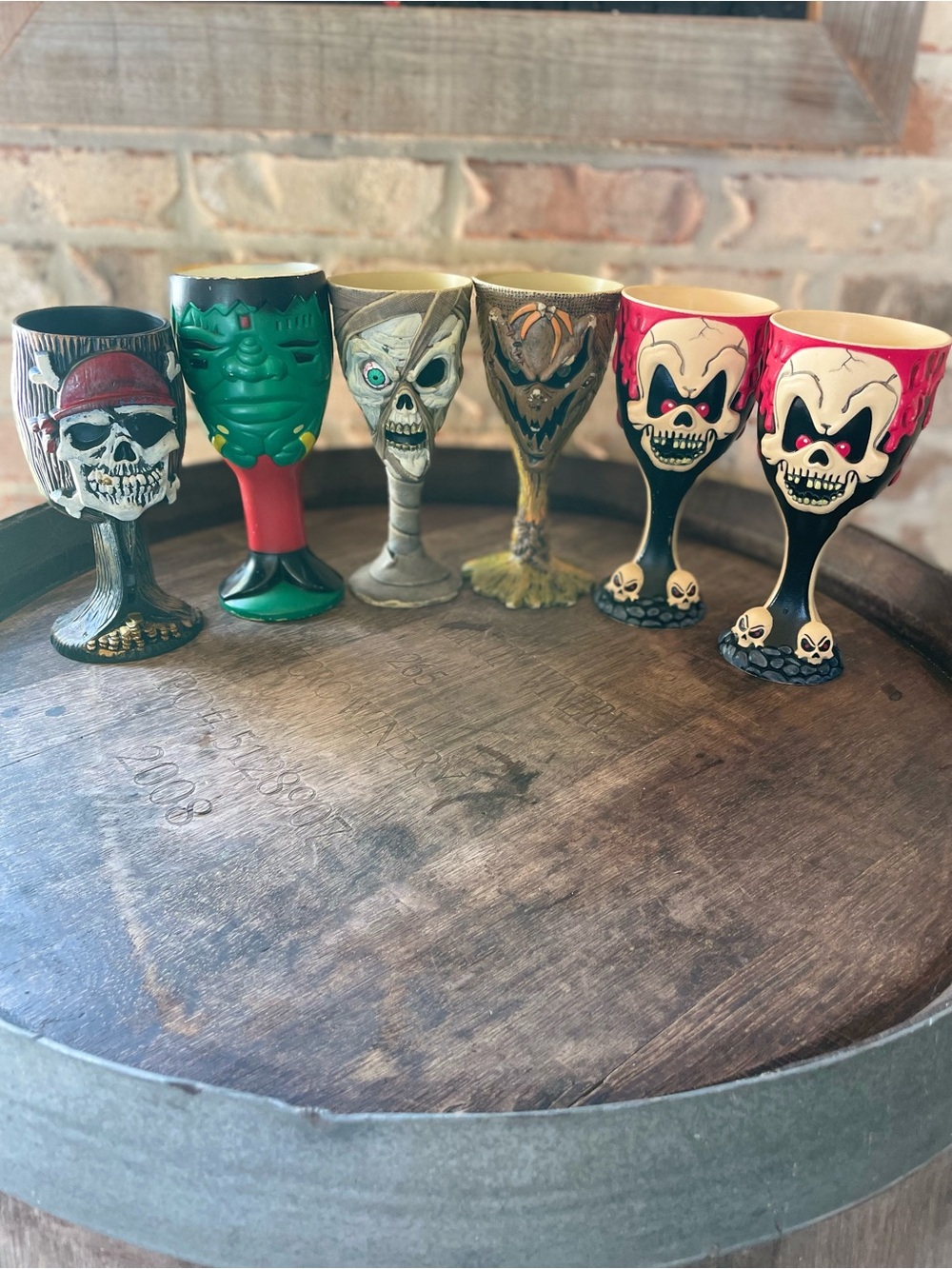 Vintage Halloween 6 Goblet Set Clown Skull Mummy Frankenstein Scarecrow Pirate - Picture 3 of 13